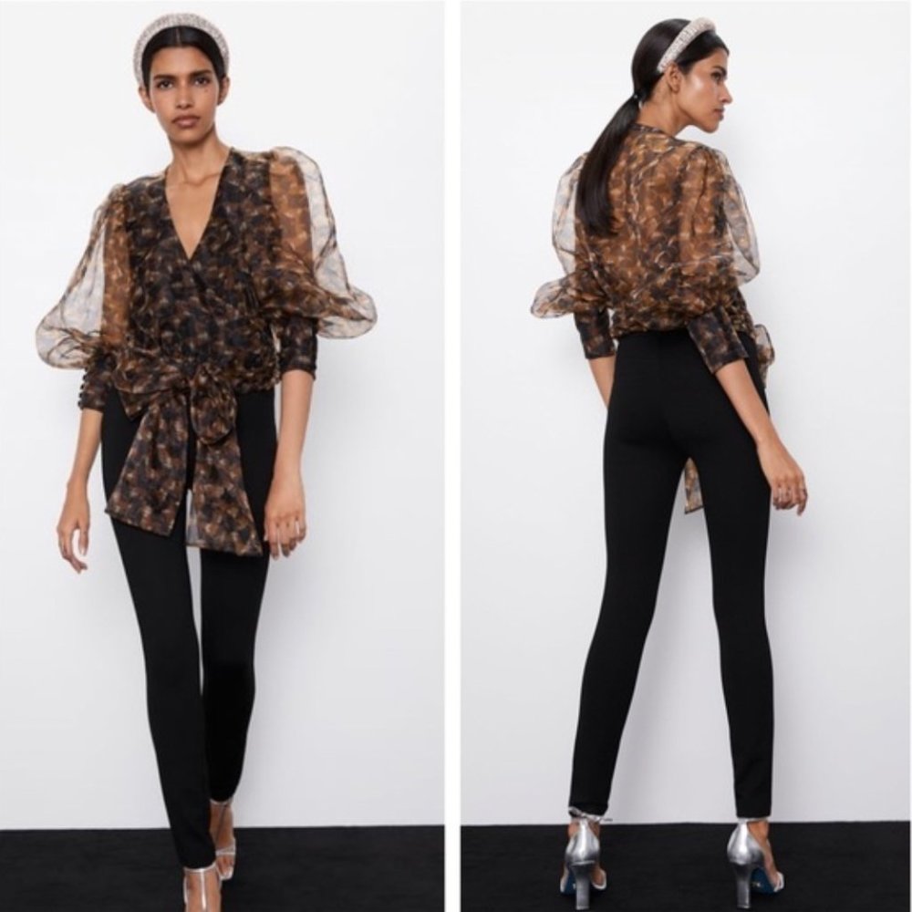 Zara Sheer Abstract-Print Puff Sleeve Wrap Blouse in Brown and Black